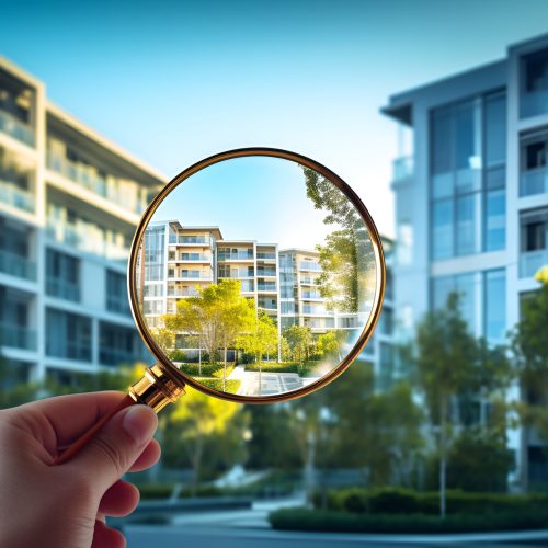 Searching for Real Estate in an Apartment Building, a Hand Holds a Magnifying Glass
